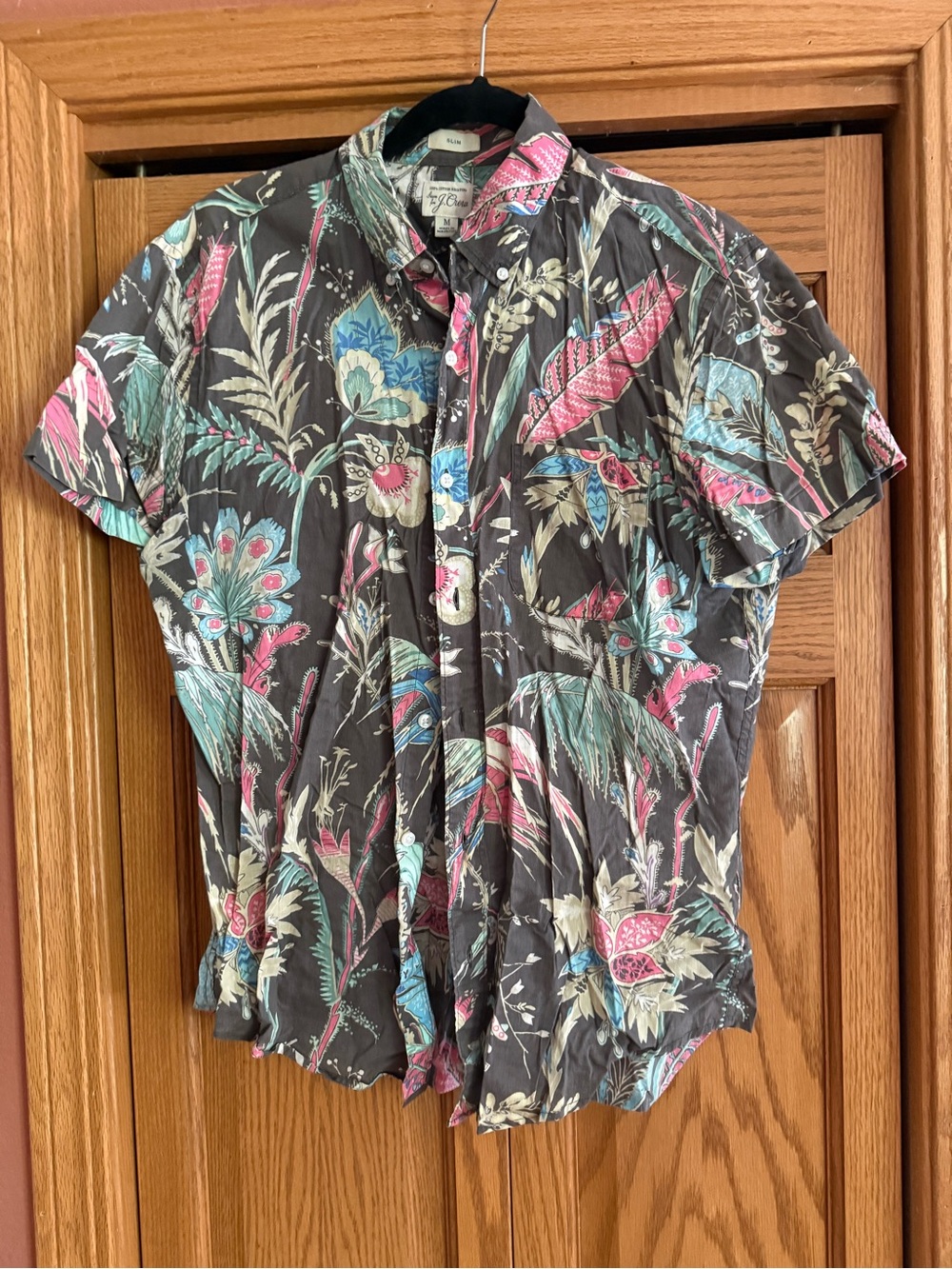 J. Crew Black Short-Sleeve Button-Down Shirt with Teal and Pink Tropical Print